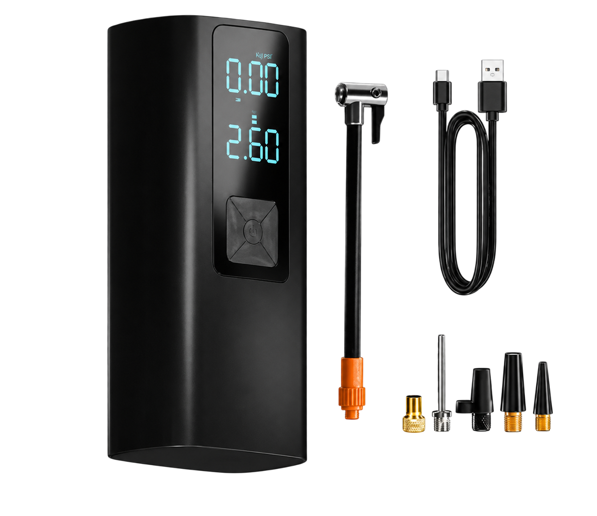 Gonfleur de pneu sans fil TireHero avec ses embouts, son flexible et son câble USB-C